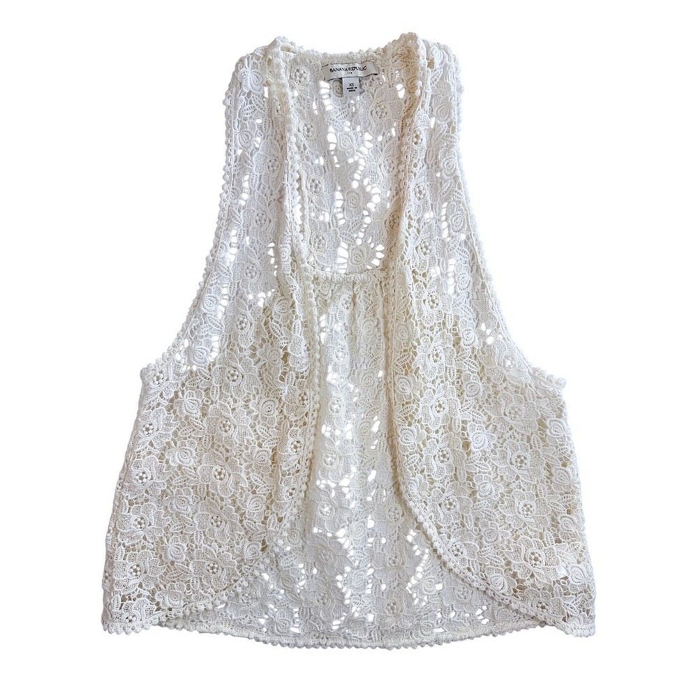 Banana Republic Crochet Vest Women XS Ivory Cotton Floral Lace Open Front Boho